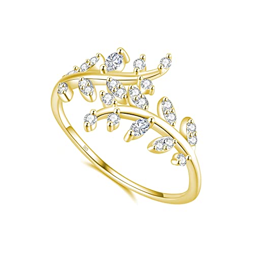 925 Sterling Silber Ring Olivenzweig Blätter mit Zirkonia Steinen Verstellbar I Echtsilber Blumenring Zweig Blatt Ringe mit Blüte für Damen und Frauen (Gold) von Lisandra Scott