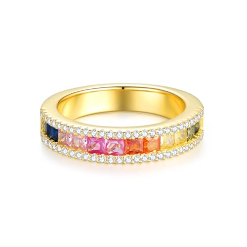 Halb-Regenbogen Ring aus 925 Sterlingsilber mit Buntstein-Verzierung umrahmt von glitzernden Zirkonia Steinen, Farbenfroher Luxus Damenring mit Bunten Steinchen für Frauen und Damen (Gold, 50) von Lisandra Scott