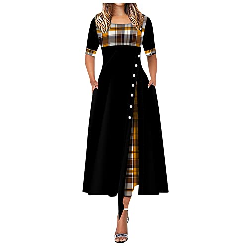 Lishirong Elegantes Kleid Plaid Patchwork Kleid für Frauen Vintage Prinzessin Partykleid 3/4 Ärmel Knopf Kleid mit Taschen von Lishirong