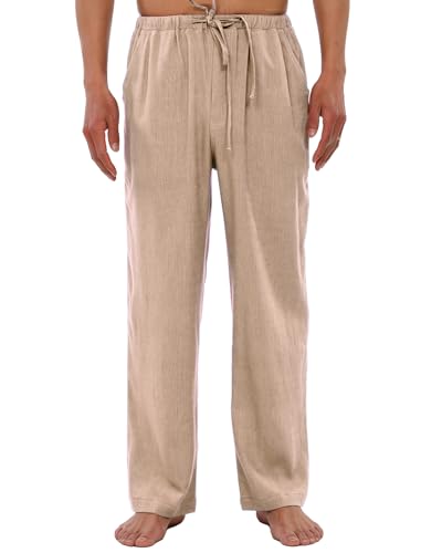 Herren Kordelzug Lose Leinen Strandhose Leichte Elastische Taille Yoga Lounge Baumwolle Hose Pyjama, Dunkles Khaki, Groß von Lisskolo