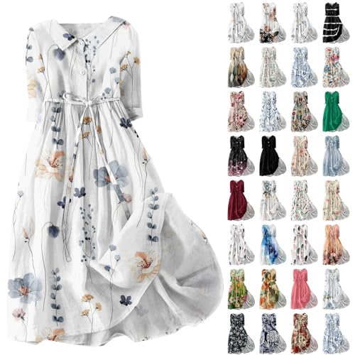 Litale Angebote des Tages Damenkleidung Kleider Damen Blumenkleid Schnürung Sommerkleid Elegant Schwingen V-Ausschnitt 3/4 Arm Strandkleid Midi Dress Strand Vacation Strandkleider Sommer(#A White,XL) von Litale