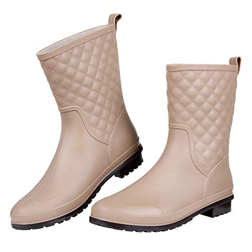 Litfun Damen Regenstiefel / Regenstiefel / Stiefel für den Außenbereich, wasserdicht, breit, Schwarz, Beige (khaki), 37 EU von Litfun