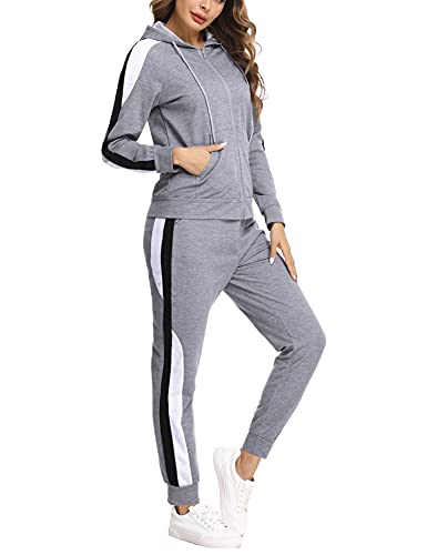 Litherday Jogginganzug Damen Lang Freizeitanzug Baumwolle Trainingsanzug Frauen Streifen Sportanzug Fitnessanzug mit Taschen, Grau, M von Litherday