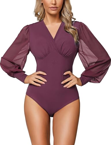 Litherday Damen Bodys Langarm Bodysuit für Damen Sexy Figurenformend Elegant Bodies Casual Langarmshirt Overall Blusenbody Top mit Durchsichtigen Laternenärmeln und V-Ausschnitt, Lila, L von Litherday