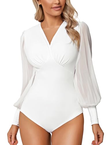 Litherday Damen Bodys Langarm Bodysuit für Damen Sexy Figurenformend Elegant Bodies Casual Langarmshirt Overall Blusenbody Top mit Durchsichtigen Laternenärmeln und V-Ausschnitt, Weiß, XXL Litherday Damen Bodys Langarm Bodysuit für Damen Sexy Figurenformend Elegant Bodies Casual Langarmshirt Overall Blusenbody Top mit Durchsichtigen Laternenärmeln und V-Ausschnitt, Weiß, XXL von Litherday
