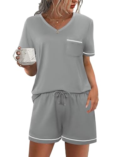 Litherday Damen Schlafanzug Kurz Baumwolle Pyjama Set Kurzarm Nachtwäsche T-Shirt Shorty Schlafanzughose Zweiteiliger Einfarbig Loungewear Hellgrau S Litherday Damen Schlafanzug Kurz Baumwolle Pyjama Set Kurzarm Nachtwäsche T-Shirt Shorty Schlafanzughose Zweiteiliger Einfarbig Loungewear Hellgrau S von Litherday