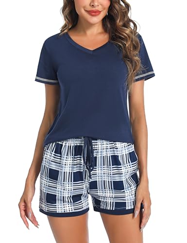 Litherday Damen Schlafanzug Kurz Pyjama Kurzarm Nachtwäsche Set Baumwolle Schlafhose Kariert Gedruckt Sleepwear Sommer V Aussschnitt Loungewear,Dunkelblau Kariert,M von Litherday