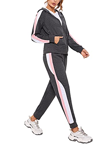 Litherday Jogginganzug Damen Lang Freizeitanzug Streifen Trainingsanzug Frauen Baumwolle Sportanzug mit Taschen, Dunkelgrau, XL von Litherday