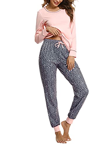 Litherday Schlafanzug Damen Pyjama Lang Baumwolle Nachtwäsche Winter Pyjama Set Star Zweiteiliger mit Rundhals Sleepwear, Rosa, L von Litherday