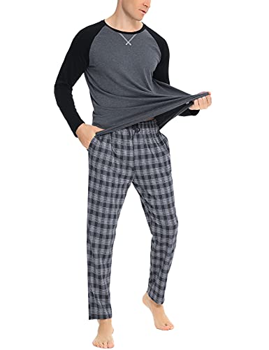 Litherday Schlafanzug Herren Lang Kariert Pyjamas Set mit Rundhals Nachtwäsche aus Baumwolle Winter Pyjama Zweiteiliger mit Taschen Sleepwear für Frühling Herbst, Grau, M von Litherday