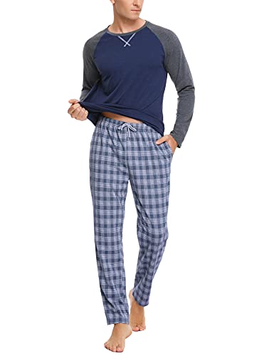 Litherday Schlafanzug Herren Lang Kariert Pyjamas Set mit Rundhals Nachtwäsche aus Baumwolle Winter Pyjama Zweiteiliger mit Taschen Sleepwear für Frühling Herbst, Marine, XL von Litherday