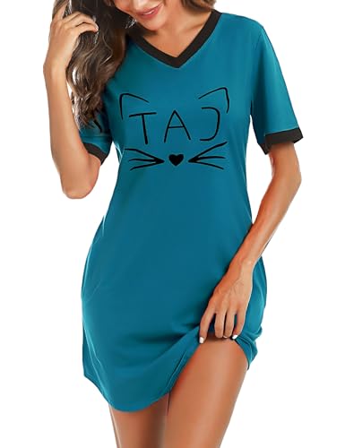 Litherday Nachthemd Damen Kurz Nachtwäsche Baumwolle Loungewear Katze Nachtkleid Negligee Kurze Sommer Ärmel Sleepshirt mit 2 Tasche, Pfauenblau, M von Litherday