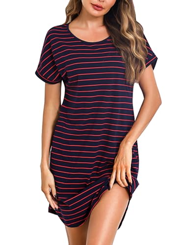 Litherday Nachthemd Damen Kurz Nachtwäsche Streifen Nachtkleid aus 95% Baumwolle Loungewear Negligee Kurze Ärmel Sleepshirt mit 2 Tasche, Dunkelblau+rot, S von Litherday