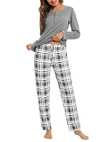 Litherday Pyjama Damen Lang Schlafanzug Kariert Nachtwäsche Winter Pyjama Set aus Baumwolle Zweiteiliger mit Taschen Rundhals Sleepwear für Herbst, Hellgrau, L von Litherday