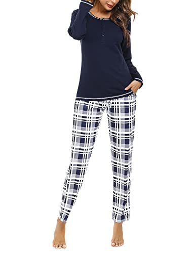 Litherday Pyjama Damen Lang Schlafanzug Kariert Nachtwäsche Winter Pyjama Set aus Baumwolle Zweiteiliger mit Taschen Rundhals Sleepwear für Herbst, Marine, L von Litherday