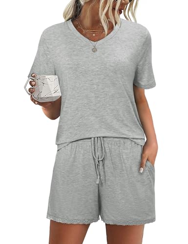 Litherday Schlafanzug Damen Kurz Baumwolle Sommer Zweiteiliger Pyjama Set Spitze Sommer Sleepwear Kurzarm V-Aussschnitt Nachtwäsche mit Tasche Hellgrau M Litherday Schlafanzug Damen Kurz Baumwolle Sommer Zweiteiliger Pyjama Set Spitze Sommer Sleepwear Kurzarm V-Aussschnitt Nachtwäsche mit Tasche Hellgrau M von Litherday