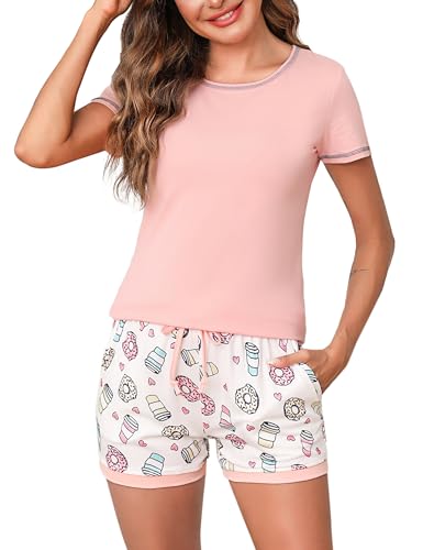 Litherday Schlafanzug Damen Kurz Pyjama Baumwolle Kurzarm Pyjamas Set Blätter Nachtwäsche Set Zweiteiliger Sleepwear für Sommer, Rosa+Krapfen, L von Litherday