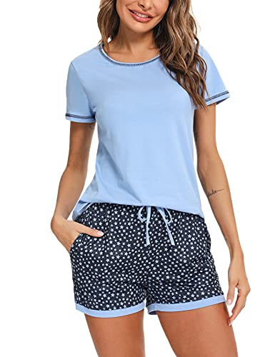 Litherday Schlafanzug Damen Kurz Pyjama Baumwolle Kurzarm Pyjamas Set Star Nachtwäsche Set Zweiteiliger mit Damen Pyjamahose und Shirt Rundhals Elastischer Bund Taschen Sleepwear für Sommer, Blau, L von Litherday