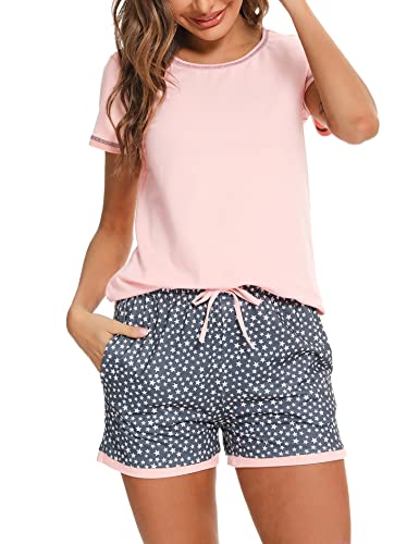 Litherday Schlafanzug Damen Kurz Pyjama Baumwolle Kurzarm Pyjamas Set Star Nachtwäsche Set Zweiteiliger mit Damen Pyjamahose und Shirt Rundhals Elastischer Bund Taschen Sleepwear für Sommer, Rosa, S von Litherday