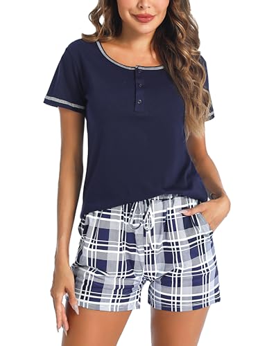 Litherday Schlafanzug Damen Kurz Pyjamas Set Baumwolle Zweiteiliger Kurzarm Pyjama Kariert Nachtwäsche Sleepwear für Sommer, Navy blau, M von Litherday