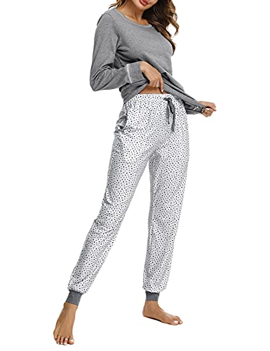 Litherday Schlafanzug Damen Pyjama Lang Baumwolle Nachtwäsche Winter Pyjama Set Star Zweiteiliger mit Rundhals Sleepwear, Hellgrau, S von Litherday