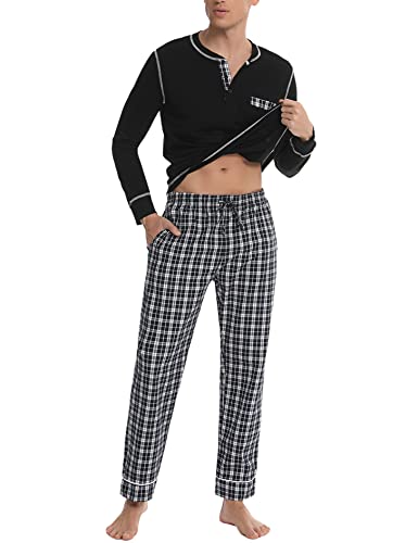 Litherday Schlafanzug Herren Lang Kariert Zweiteiliger Pyjamas Set mit Rundhals Nachtwäsche aus Baumwolle Winter Pyjama, Schwarz, L von Litherday