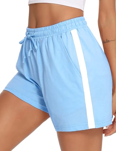 Litherday Shorts Damen Sportshorts Kurz Hosen Streifen Jogginghose Sommer Traininghose mit Taschen Elastischer Bund und Atmungsaktive Shorts zum Fitness, Running, Gym, Basketball, Himmelblau, XXL von Litherday