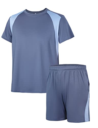 Litherday Sport Set Herren Kurz Sportswear für Männer Shorts Set Track Suit mit Sport Shirt und Shorts für Fitness, Running, B-blau, XL von Litherday