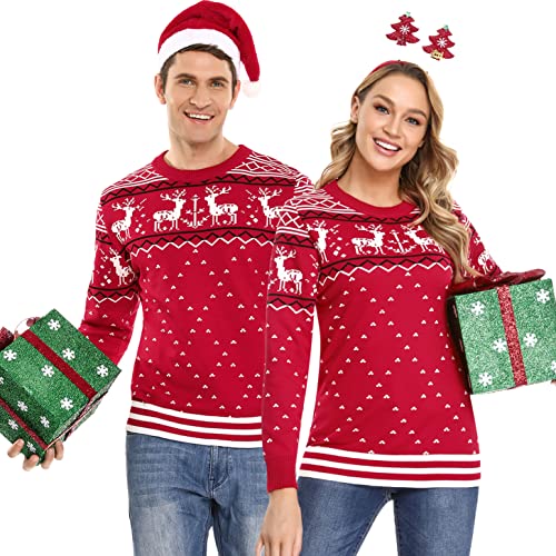 Litherday Weihnachtspullover Damen Strickpullover mit Rentiermuster Rundhals Strickpulli Lang Christmas Sweater Warme Pullover für Weihnachten Party im Winter, Rot, L von Litherday