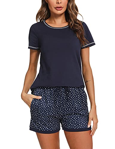 Schlafanzug Damen Kurz Pyjama Baumwolle Kurzarm Pyjamas Set Star Nachtwäsche Set Zweiteiliger mit Damen Pyjamahose und Shirt Rundhals Elastischer Bund Taschen Sleepwear für Sommer, Navy blau, M von Litherday