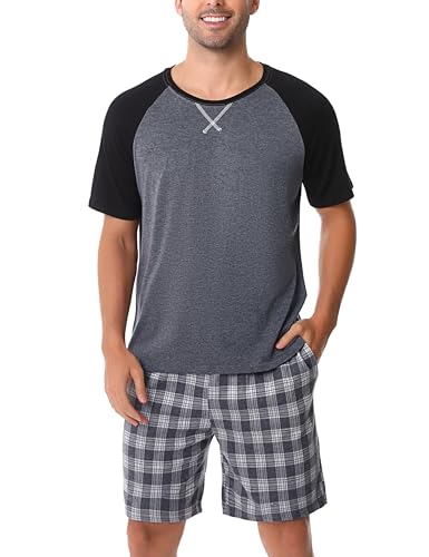 Schlafanzug Herren Kurz Pyjama Baumwolle Kurzarm Pyjamas Set Kariert Nachtwäsche Set Zweiteiliger mit Herren Pyjamahose und Shirt Rundhals Elastischer Bund Taschen Sleepwear für Sommer, Grau, L von Litherday