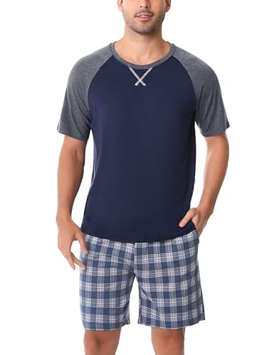 Schlafanzug Herren Kurz Pyjama Baumwolle Kurzarm Pyjamas Set Kariert Nachtwäsche Set Zweiteiliger mit Herren Pyjamahose und Shirt Rundhals Elastischer Bund Taschen Sleepwear für Sommer, Navy blau, M von Litherday