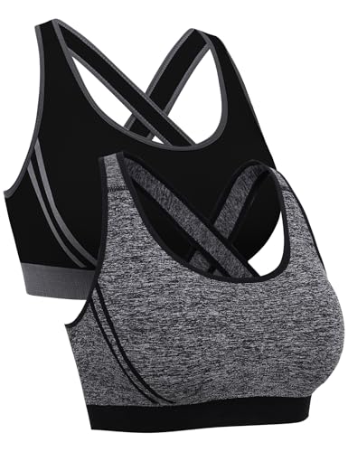 Litherday Sportunterwäsche für Damen Sports BH Gekreuzt Rücken BH Ohne Buegel Push up Yoga Bra Sport Bustier Damen Bustier BH für Fitness Running Jogging Gym Dancing, Dunkelgrau+Schwarz, L von Litherday