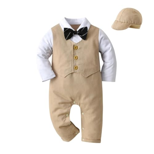 Lito Angels Smoking Strampler Bodys Einteiler Gentleman Hochzeit Anzug mit Hut für Baby Jungen Größe 3-6 Monate 68, Khaki (Tag-Nummer 70) von Lito Angels