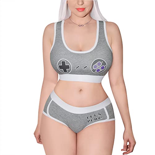 LittleForBig Damen Baumwolle Camisole und Höschen Sport Loungewear Bralette Set - Let's Play Gamer Girl Grau XS von LittleForBig