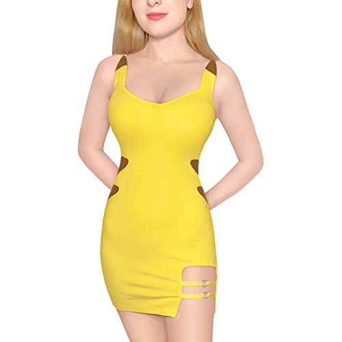 LittleForBig Damen Cosplay Ich Wähle Dich Baumwolle Overall Strampler Bodycon Minikleid mit abnehmbarem Schwanz Gelb L von LittleForBig