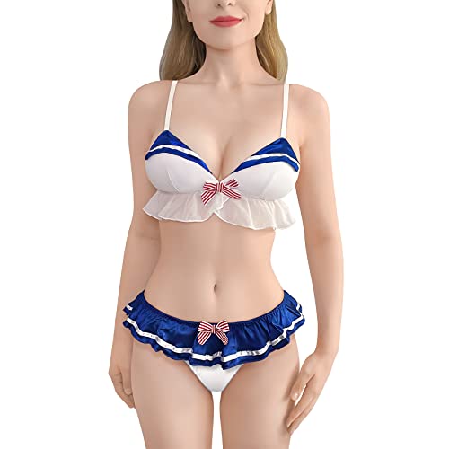 LittleForBig Damen Magical Girls Nachtwäsche Sexy Seemannskragen Ärmellos Rückenfrei Bikini BH Höschen Bikini Set Blau von LittleForBig