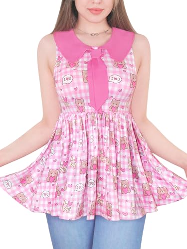 LittleForBig Damen Seemannskragen Kawaii Ärmellose Bluse Babydoll Schößchen Top - Beary Cute Rosa XXL von LittleForBig