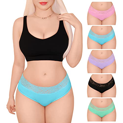 LittleForBig Damen Weich Baumwolle Unterwäsche Bequemer Hipster Slip 5er Pack Unterhosen Set - Niedliches Komfort Höschen mit hoher Taille aus Spitze Mehrfarbig XXXL von LittleForBig