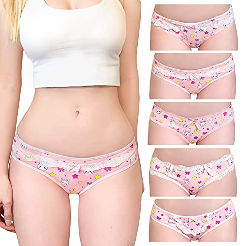 LittleForBig Damen Weich Baumwolle Unterwäsche Bequemer Hipster Slip 5er Pack Unterhosen Set-Usagi Muster Rosa XXL von LittleForBig