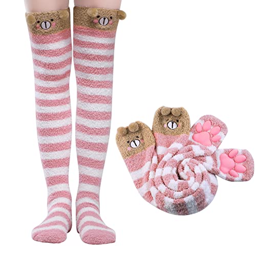 LittleForBig Kniehohe Socken Cosplay 3D Katze Pfoten Pad Silikon Katzenpfoten Koralle Samt über Kniestrümpfe - Rot Weiß Bär von LittleForBig