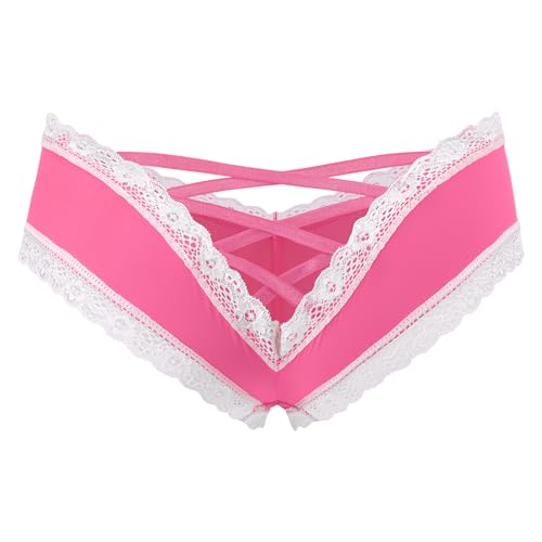 LittleForBig Nahtlose Spitze Hipster Sexy V-Rücken mit gekreuzten Riemchen Sissy Tease Panty Unterwäsche Niedriger Bund Pink L von LittleForBig