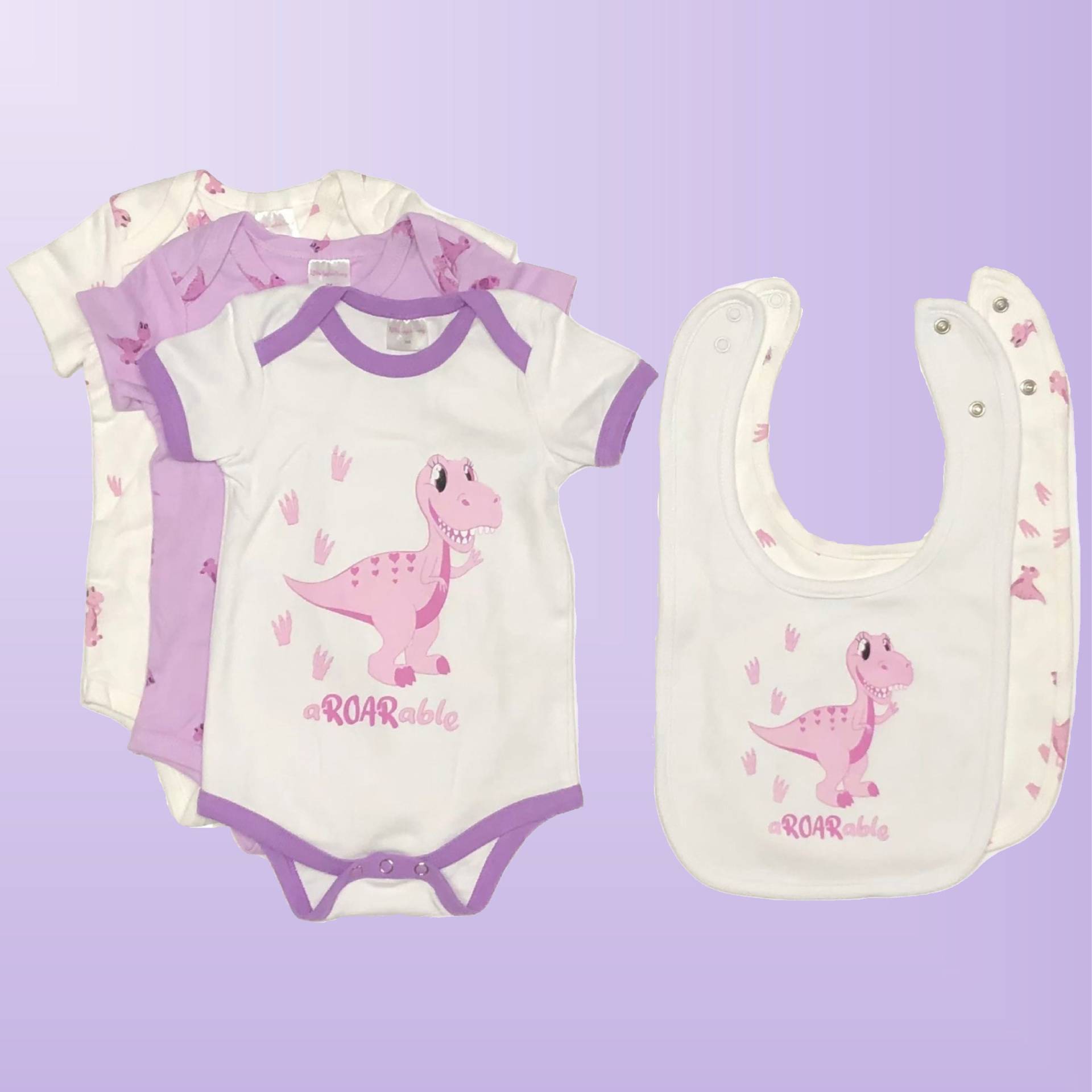 A-Roar-Able Baby Dinosaurier Strampelanzug | Süsser Mädchen Baby-Dusche-Geschenk Individuell Bedruckter Body Und Lätzchen Im Multipack von LittleLaylasFinery