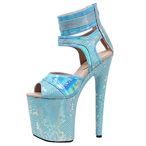 High Heels 20 cm Schlangen-Design, Knöchelriemen, Plateau, exotische Schuhe, Blau-37 von LiuGUyA