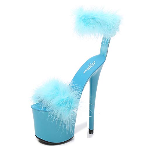 LiuGUyA High Heels 20CM Plateausandalen Stiletto Pole Dance Schuhe Haarball Dekoration,Blue-40 von LiuGUyA