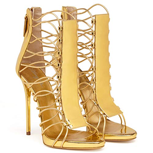 LiuGUyA High Heels Sandalen Hohle Tasche Mit Reißverschluss Dünne Riemen Damen Handgefertigte Sandalen,Gold-36 von LiuGUyA