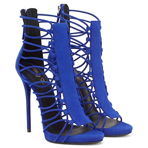 LiuGUyA High Heels Sandalen Hohle Tasche Mit Reißverschluss Dünnen Riemen Damen Handgefertigte Sandalen,Blue-34 von LiuGUyA