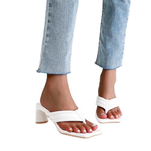 LiuGUyA High Heels Sexy 42 Hausschuhe Flip-Flops mit dicken Absätzen, quadratische Zehen und mittelhohe Sandalen,White-35 von LiuGUyA