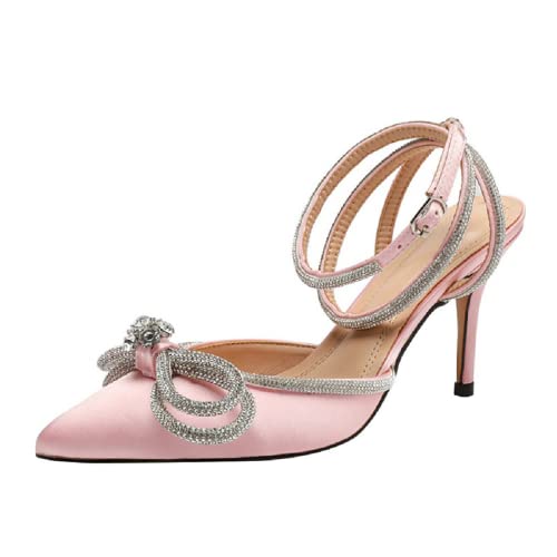 Liuyuetao Damen Stiletto High Heel Kleid Pumps Spitze Zehe Knöchelriemen Bequeme Mode Sexy Sandalen Strass Schleife Satin Braut Hochzeit Schuhe (Pink,37) von Liuyuetao