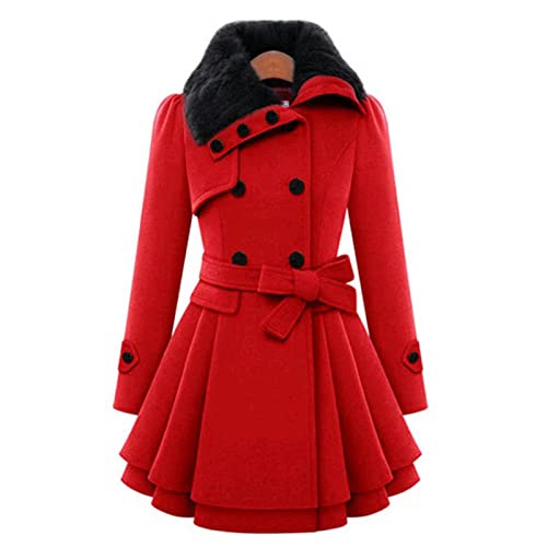 Damen Trenchcoat Zweireihiger Gürtel Herbst Winter koreanischer Stil Slim Revers Overcoat Mode Parka Oberbekleidung, rot, 38 von Livecitys